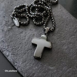 Silver stainless steel cross necklace on a 3mm box chain, engravable, OhLalaTrendy