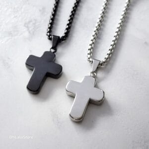 Black and silver stainless steel cross pendants on box chains