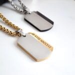 Engraved dog tag necklaces in silver-gold and silver-black