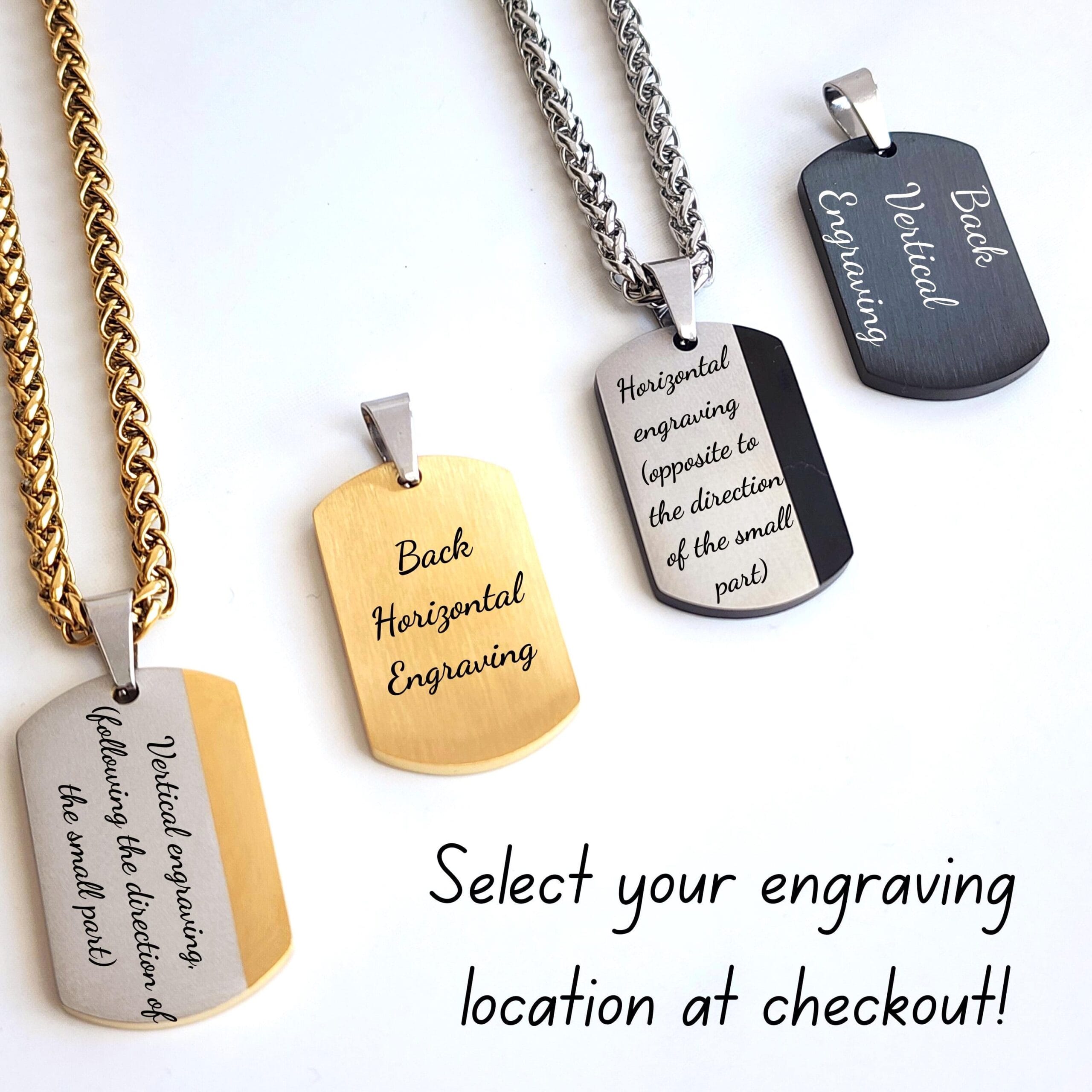 Engraved Dog Tag Necklace for Men, Personalized ID Pendant, Custom Gift for Him 2 Engraving locations on the dog tag: vertical, horizontal and back