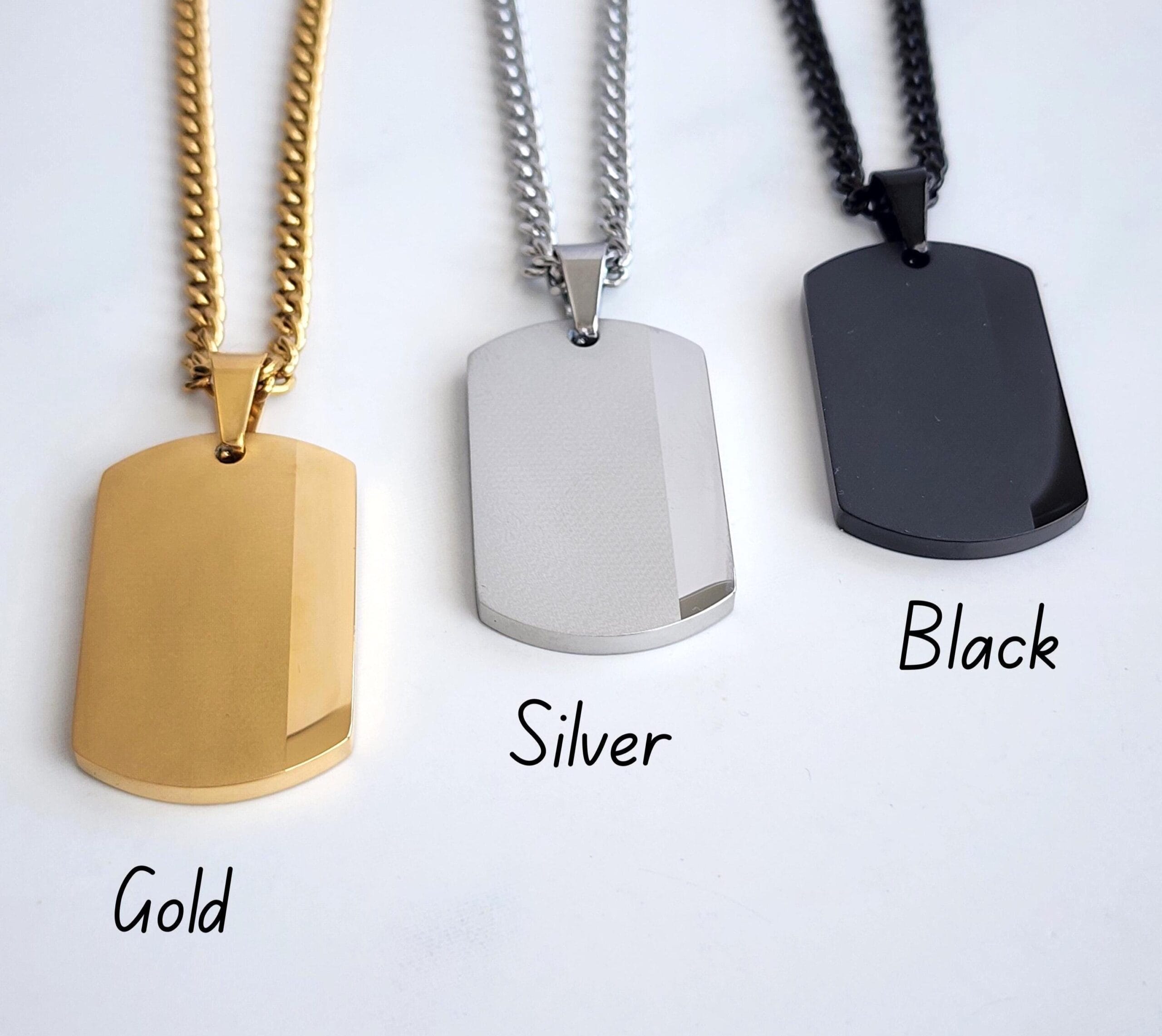 Engraved Dog Tag Necklace for Men, Personalized ID Pendant, Custom Gift for Him 3 Dog tag pendant in gold, silver and black