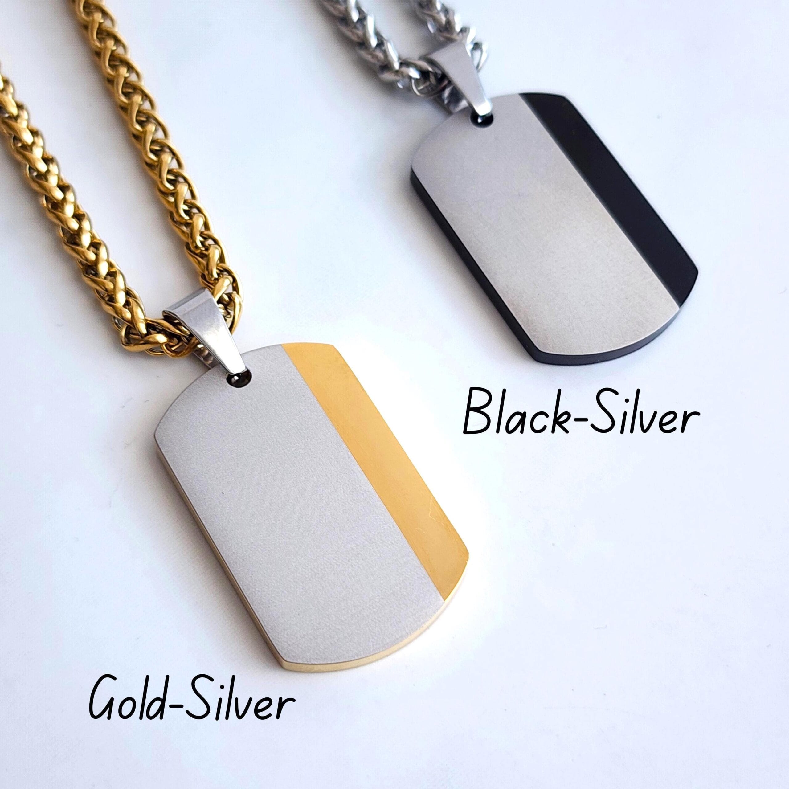 Engraved Dog Tag Necklace for Men, Personalized ID Pendant, Custom Gift for Him 4 Two-tone dog tags, gold-silver and black-silver