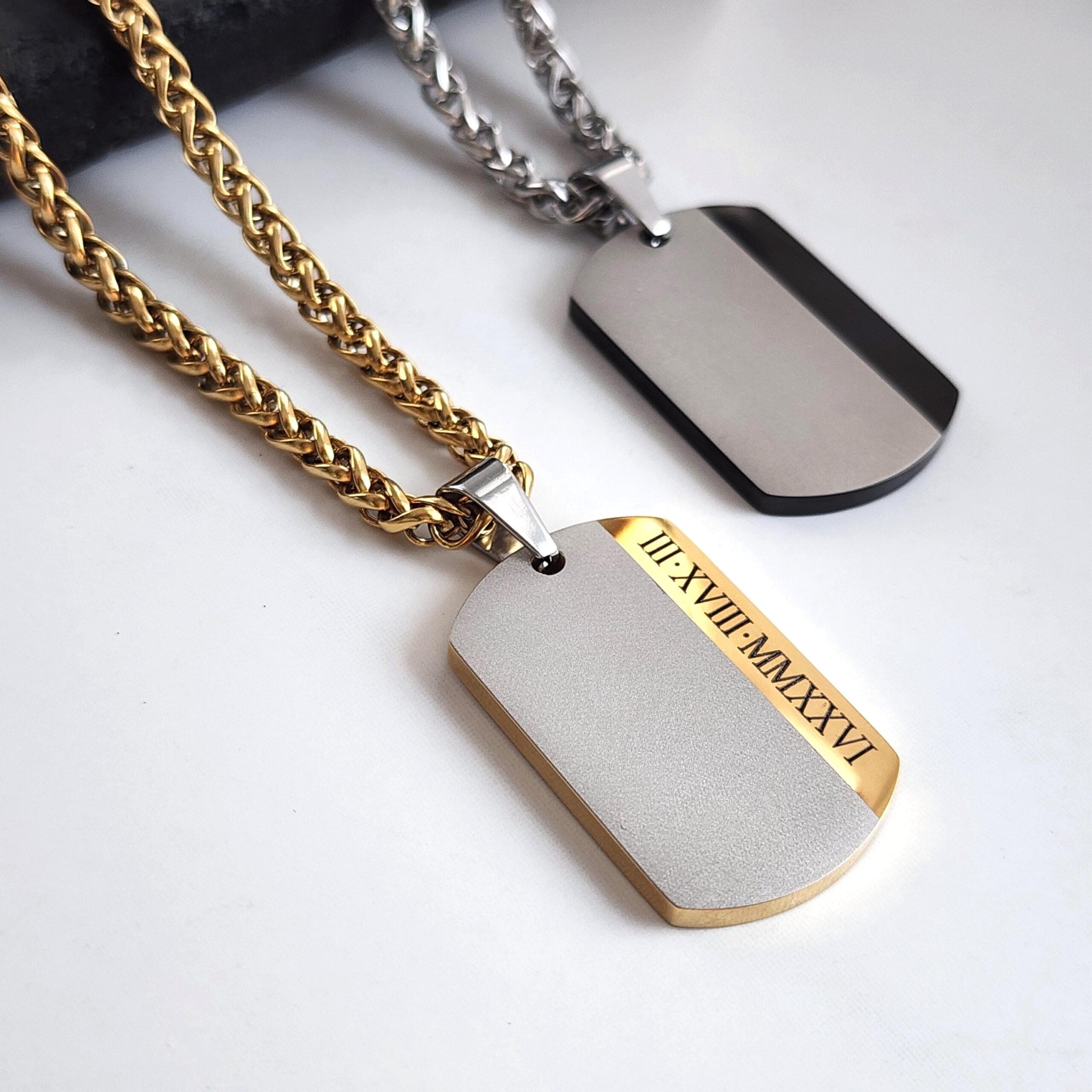 Engraved Dog Tag Necklace for Men, Personalized ID Pendant, Custom Gift for Him 6 Roman numeral date engraved on the shiny strip