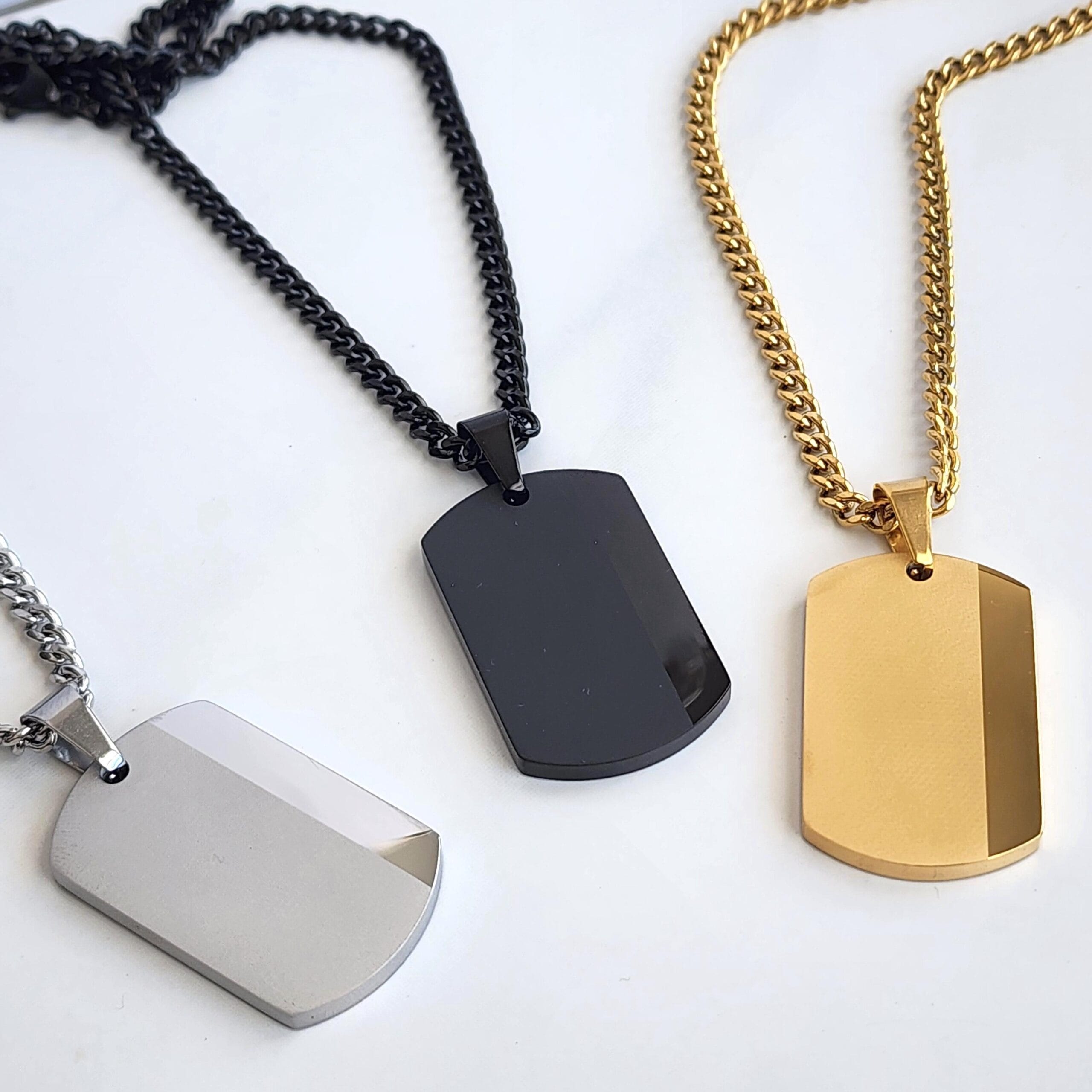 Engraved Dog Tag Necklace for Men, Personalized ID Pendant, Custom Gift for Him 7 Silver, black and gold dog tags on their chains