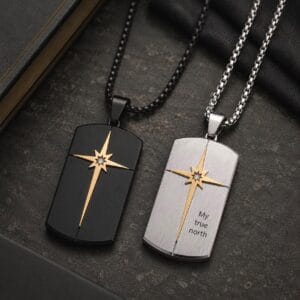 North Star dog tag necklaces in black and silver