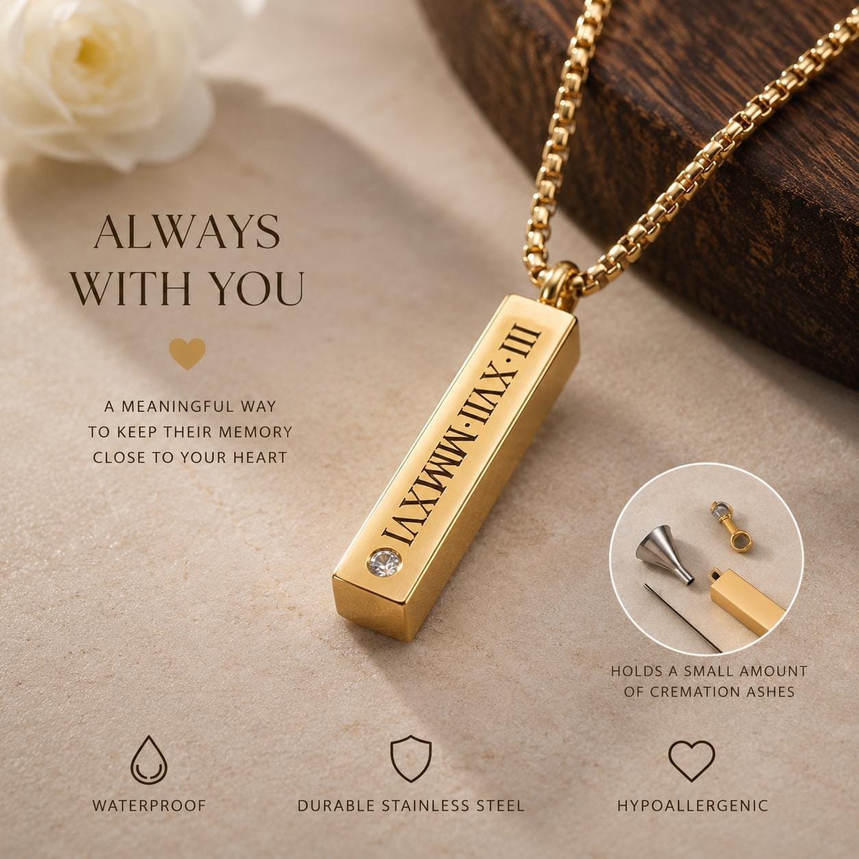 Personalized Bar Urn Necklace, Engraved Memorial Ash Pendant, Keepsake Gift 2 Gold bar urn pendant with its fill kit