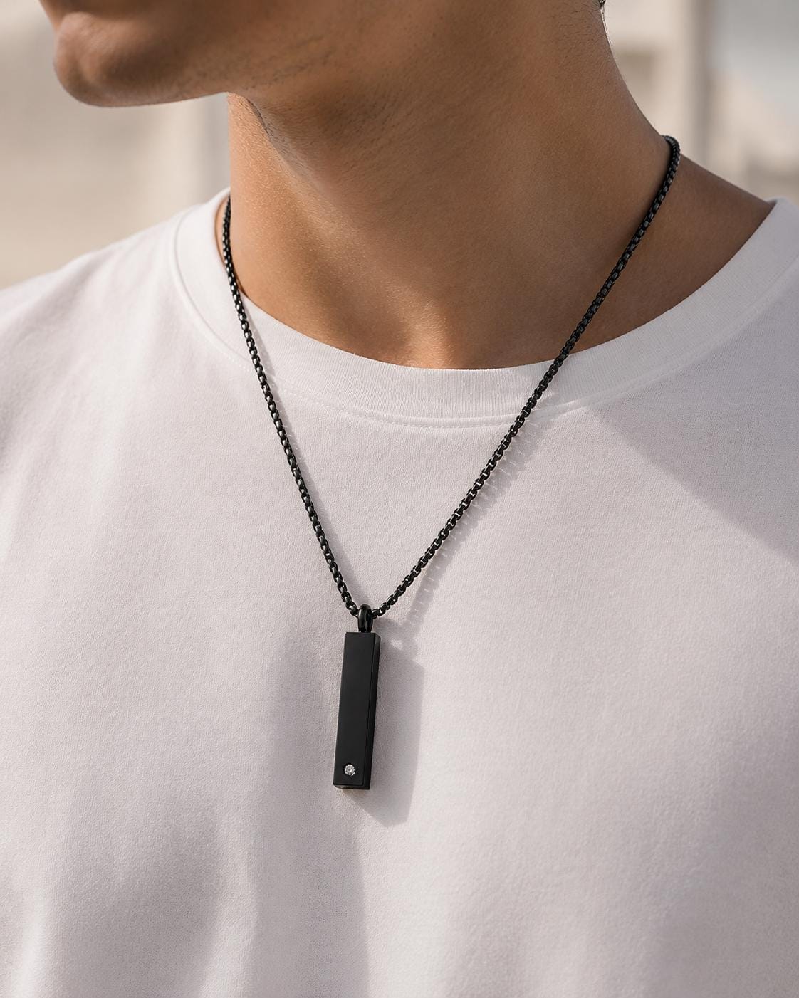 Personalized Bar Urn Necklace, Engraved Memorial Ash Pendant, Keepsake Gift 5 Black bar urn necklace worn