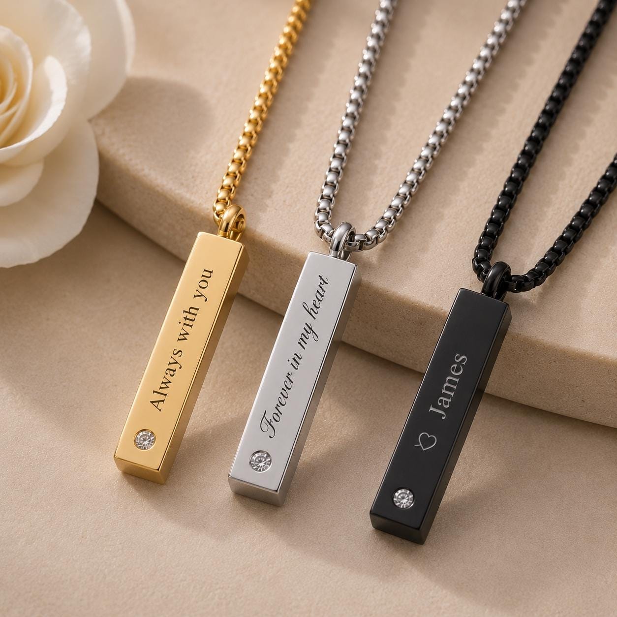 Personalized Bar Urn Necklace, Engraved Memorial Ash Pendant, Keepsake Gift 6 Engraved bar urns in gold, silver and black
