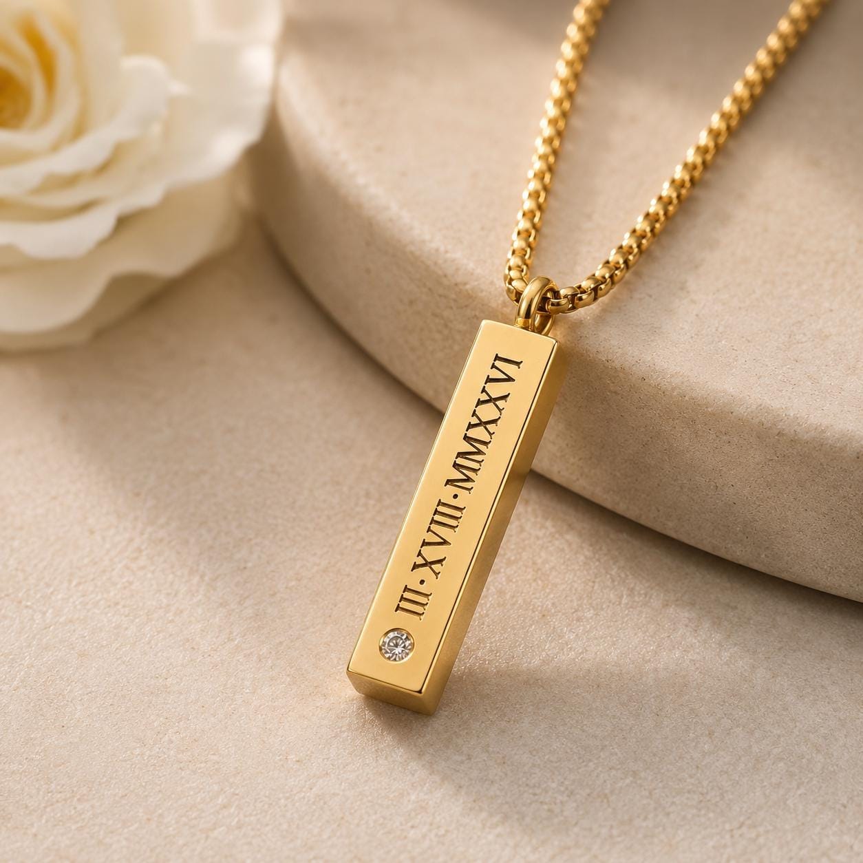 Personalized Bar Urn Necklace, Engraved Memorial Ash Pendant, Keepsake Gift 7 Roman numeral date engraved on a gold bar