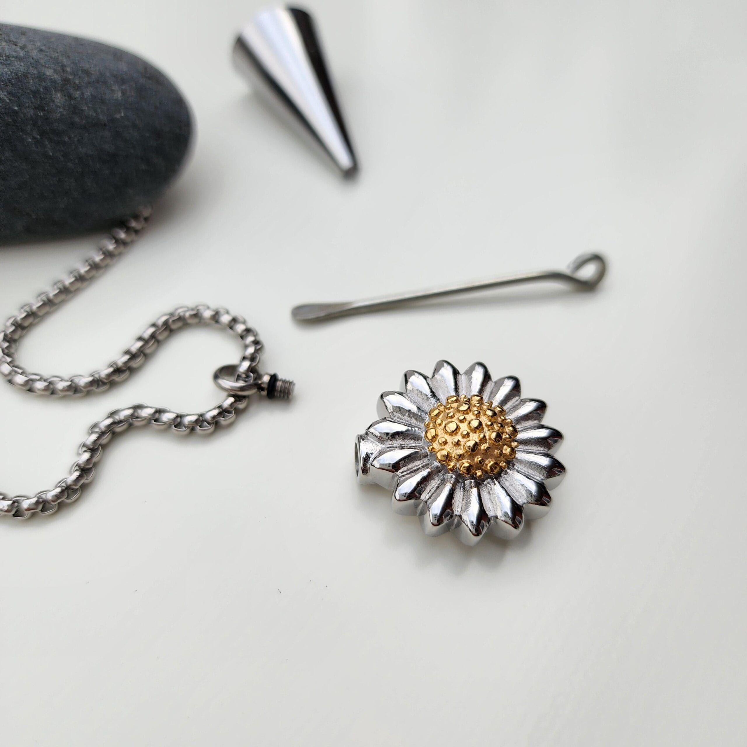 Personalized Sunflower Urn Necklace, Engraved Memorial Container Necklace for Her 5 Sunflower urn with the fill kit, second view