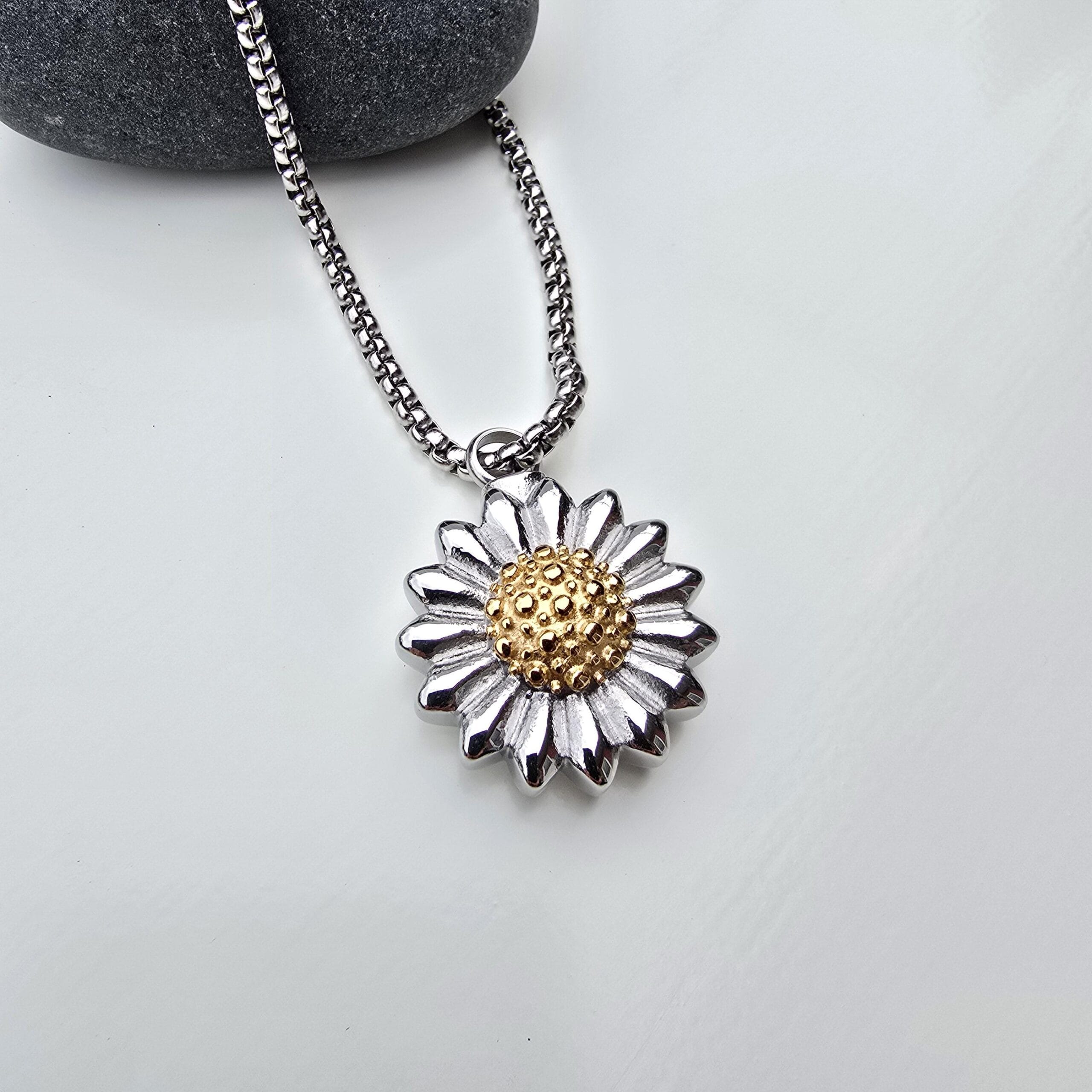 Personalized Sunflower Urn Necklace, Engraved Memorial Container Necklace for Her 6 Sunflower urn pendant on its box chain