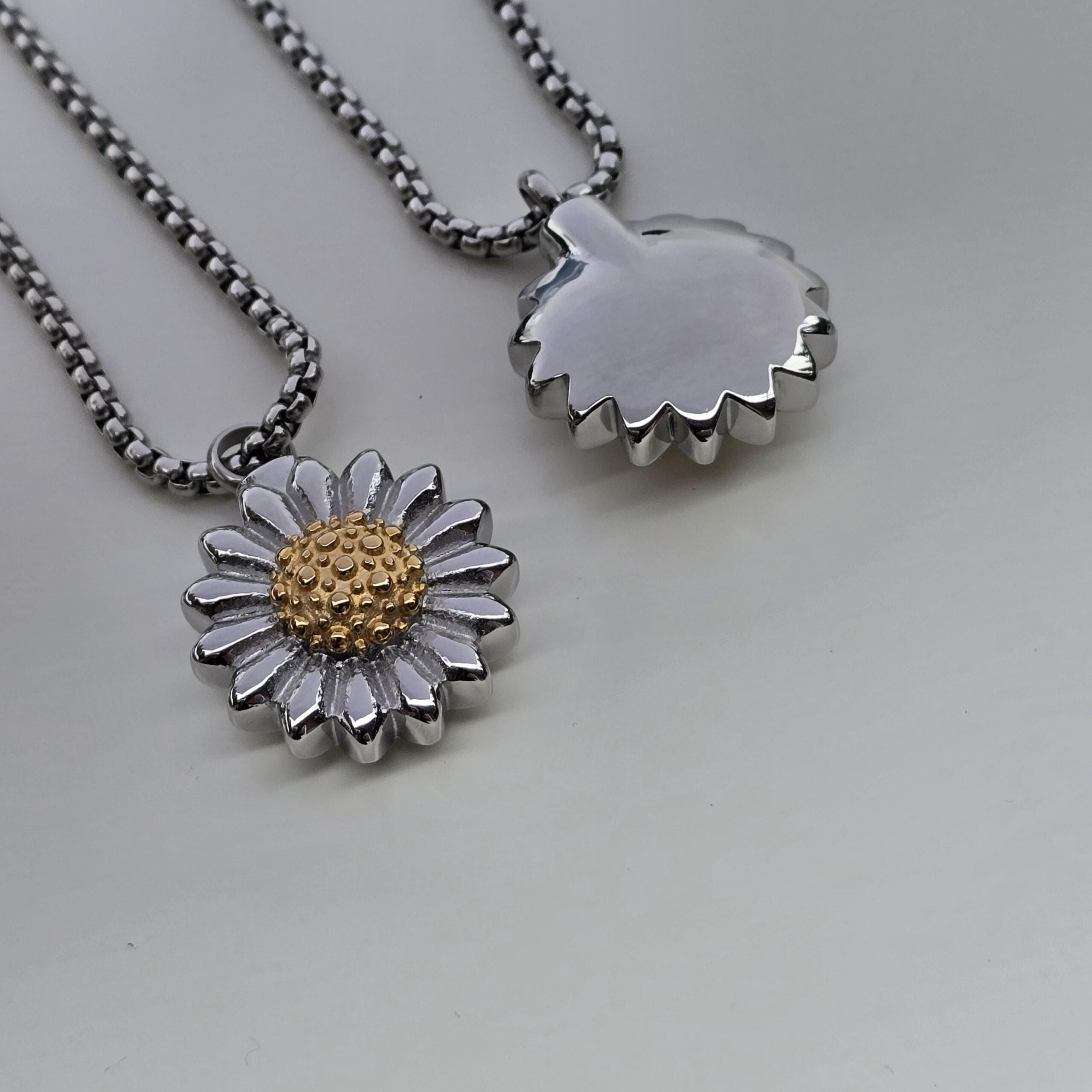 Personalized Sunflower Urn Necklace, Engraved Memorial Container Necklace for Her 7 Front and polished back of the sunflower urn